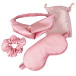 Zestaw satynowych akcesoriów kosmetycznych opaska + opaska na oczy + gumka do włosów + woreczek