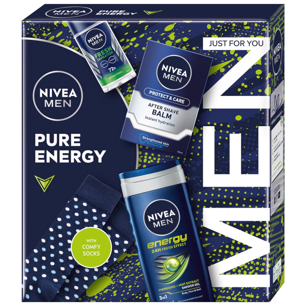 Created with GIMP Men Pure Energy zestaw antyperspirant roll-on 50ml + żel pod prysznic 3w1 250ml + nawilżający balsam po goleniu 100ml + skarpetki - obrazek 1