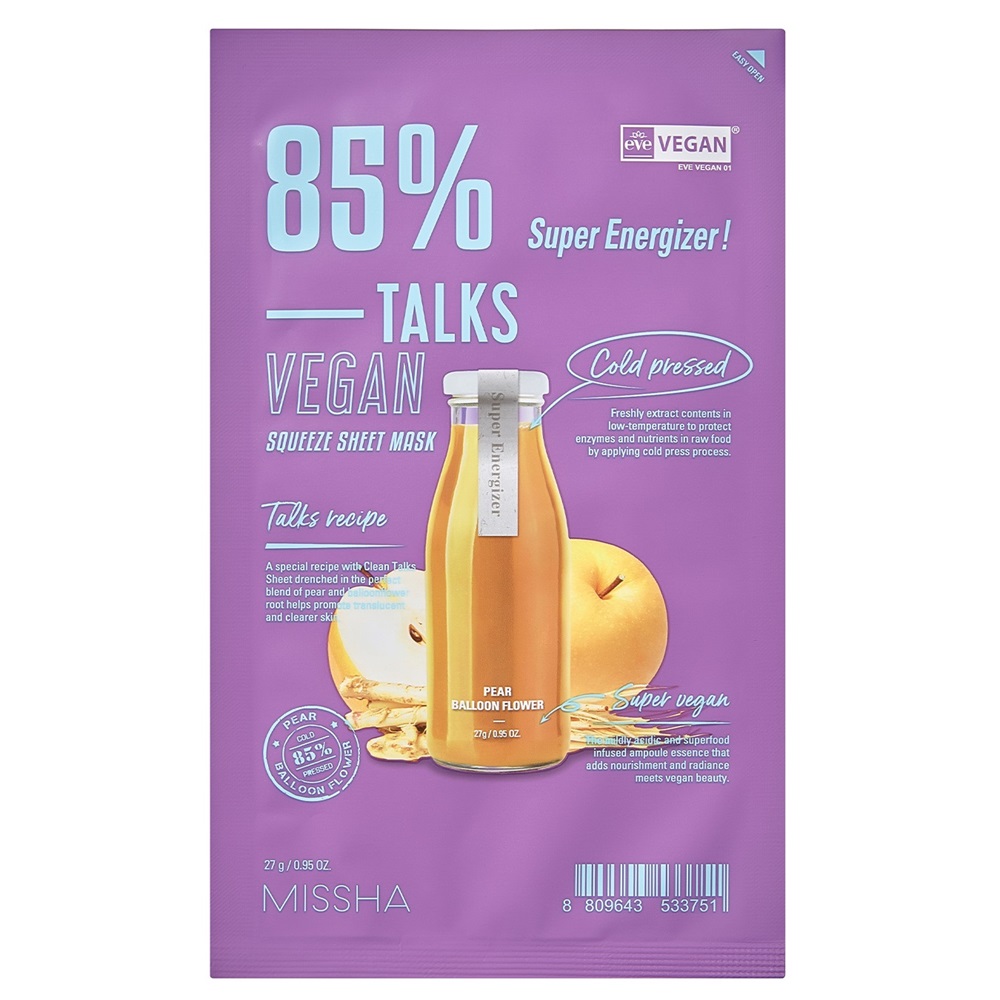 16541901706530479 Talks Vegan Squeeze Sheet Mask odżywczo-rozświetlająca maseczka w płachcie dla skóry matowej Super Energizer 27g - obrazek 1