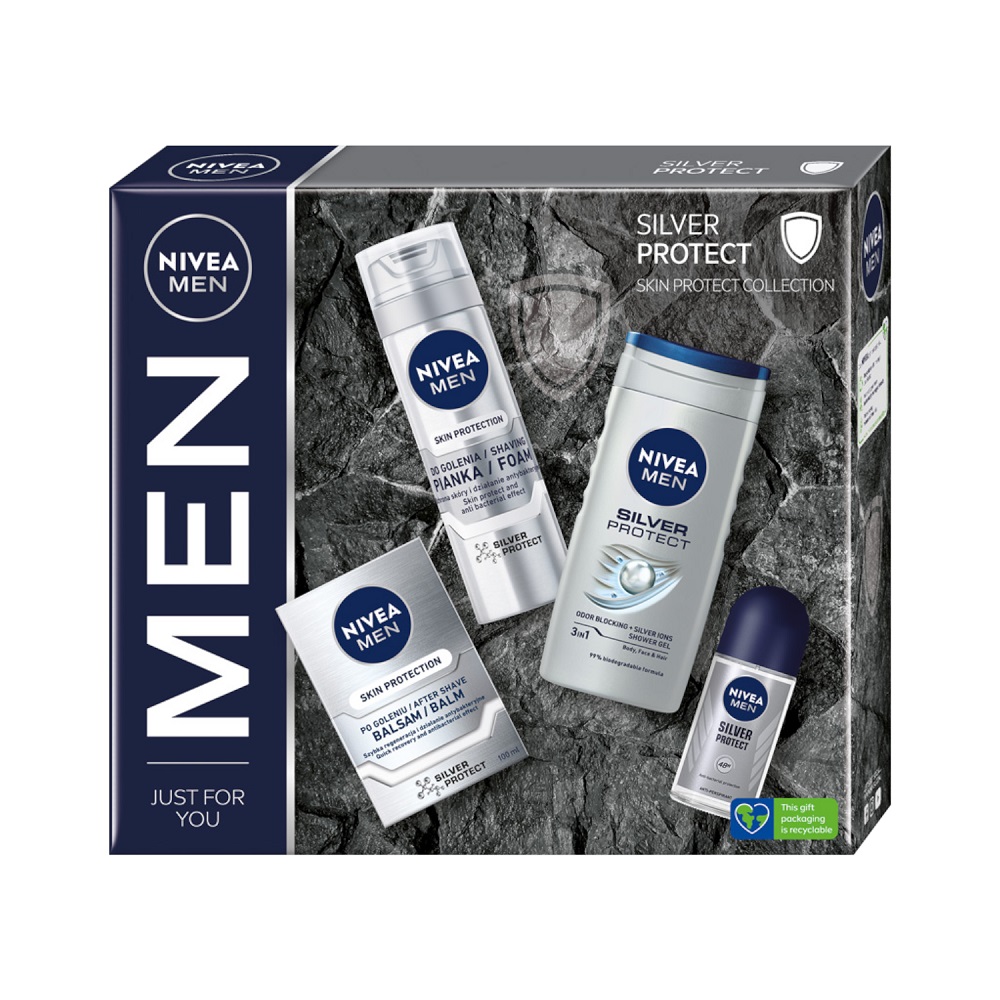 Created with GIMP Men Silver Protect zestaw pianka do golenia 200ml + balsam po goleniu 100ml + antyperspirant roll-on 50ml + żel pod prysznic 250ml - obrazek 1
