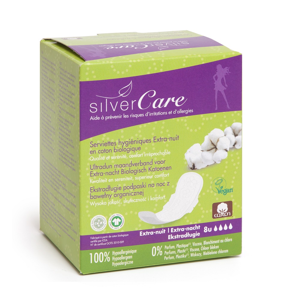 17426511682998860 Silver Care ekstradługie podpaski na noc z bawełny organicznej 8szt - obrazek 1