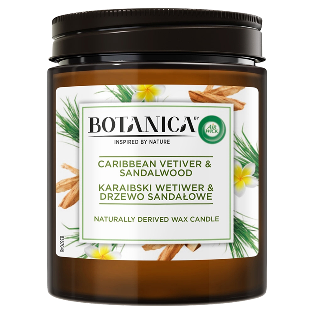 18963741677146881 Botanica świeca z wosku naturalnego pochodzenia Karaibski Wetiwer & Drzewo Sandałowe 205g - obrazek 1