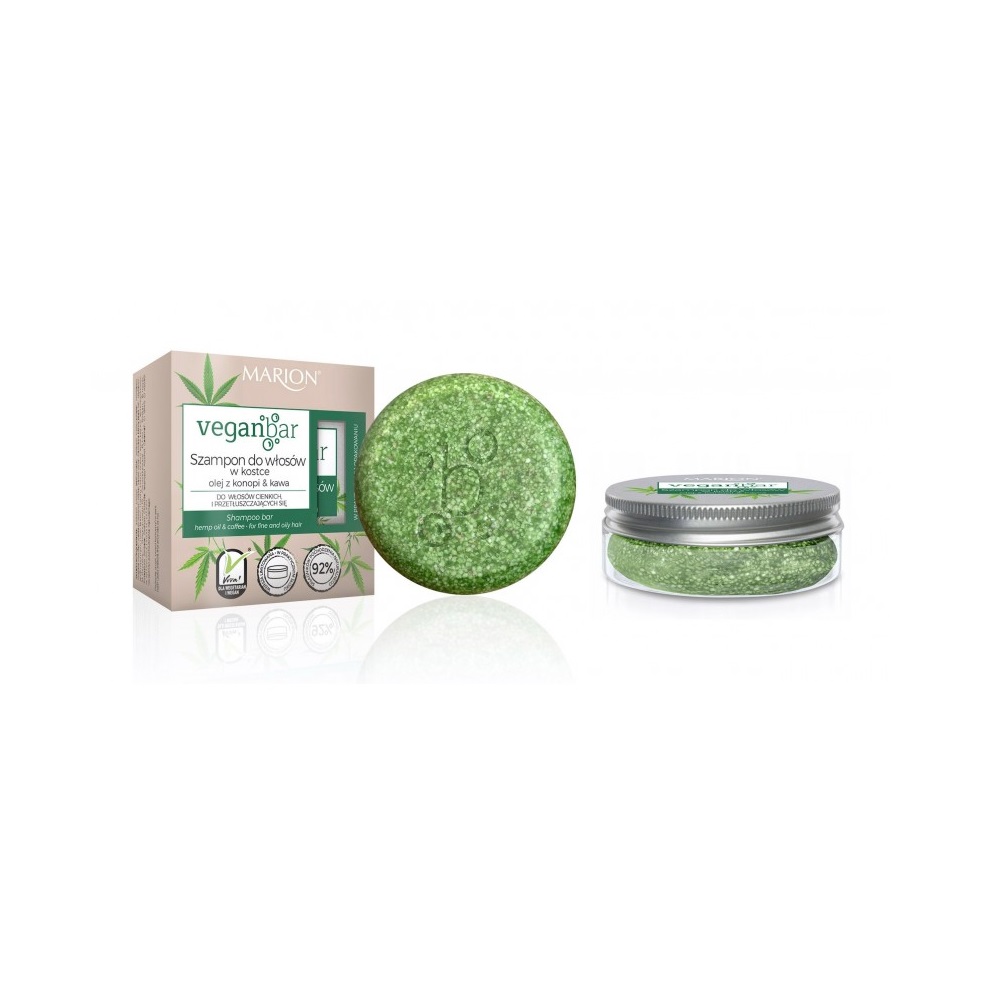 19741591624421571 Veganbar szampon do włosów cienkich i przetłuszczających się w kostce Olej z Konopi & Kawa 50g + słoiczek - obrazek 1