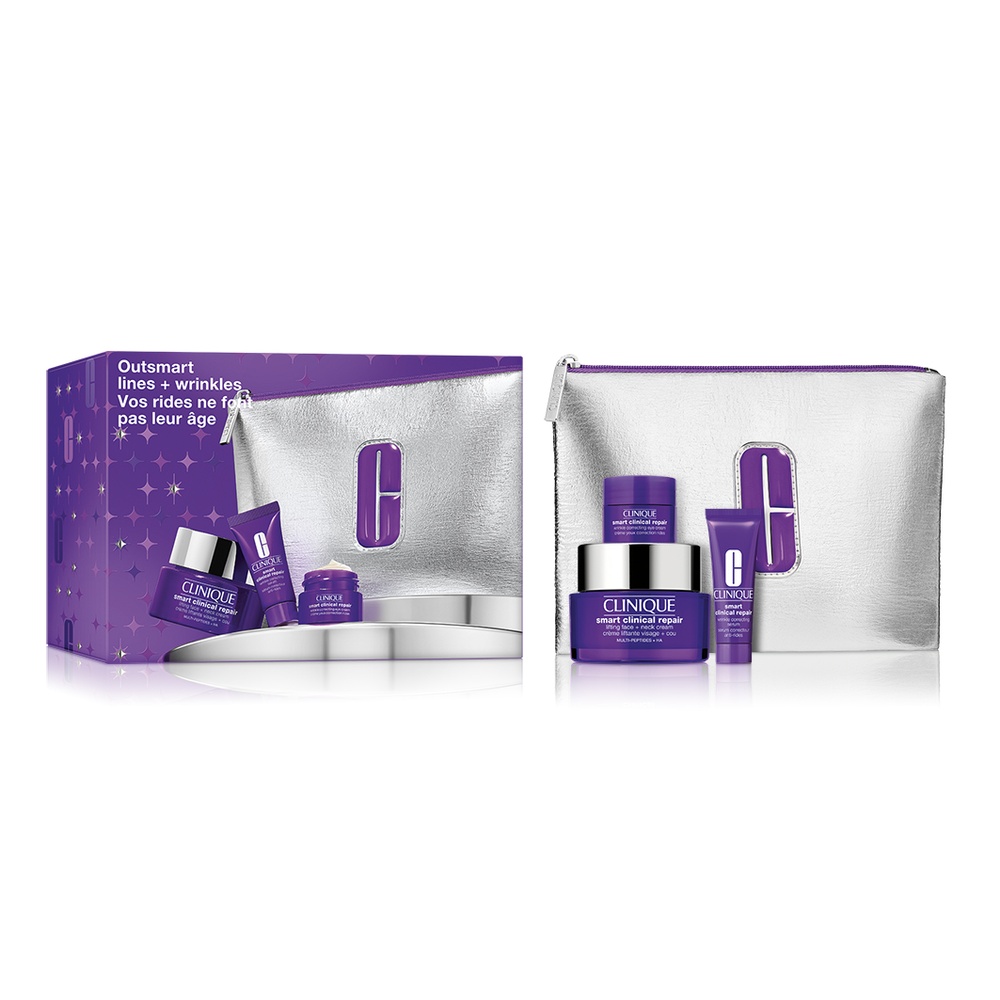 23219541757659089 Outsmart Lines + Wrinkles zestaw przeciwstarzeniowy krem do twarzy i na szyję 50ml + przeciwstarzeniowe serum 10ml + przeciwstarzeniowy krem pod oczy 5ml + kosmetyczka - obrazek 1