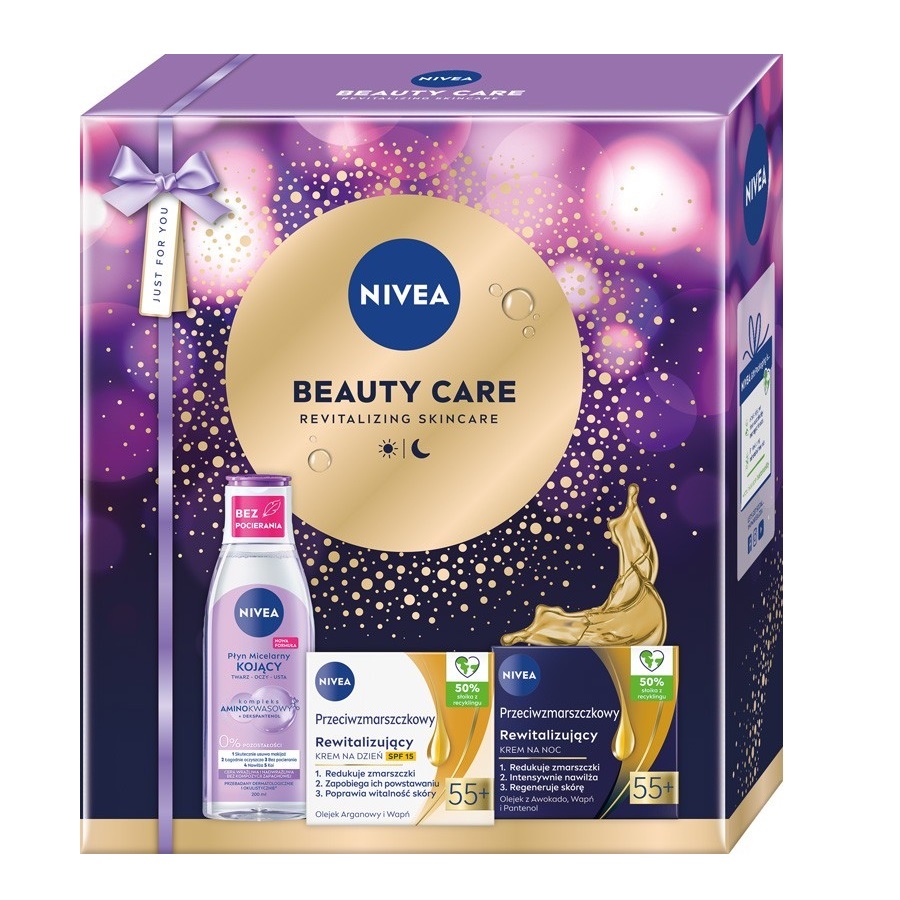 24194361761290144 Beauty Care zestaw rewitalizujący krem na dzień SPF15 55+ 50ml + rewitalizujący krem na noc 55+ 50ml + kojący płyn micelarny 200ml - obrazek 1