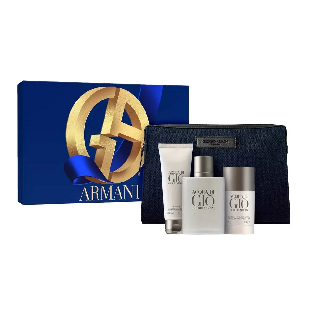 25665741765283286 Acqua di Gio Pour Homme zestaw woda toaletowa spray 100ml + żel pod prysznic 75ml + dezodorant sztyft 75g + kosmetyczka - obrazek 1