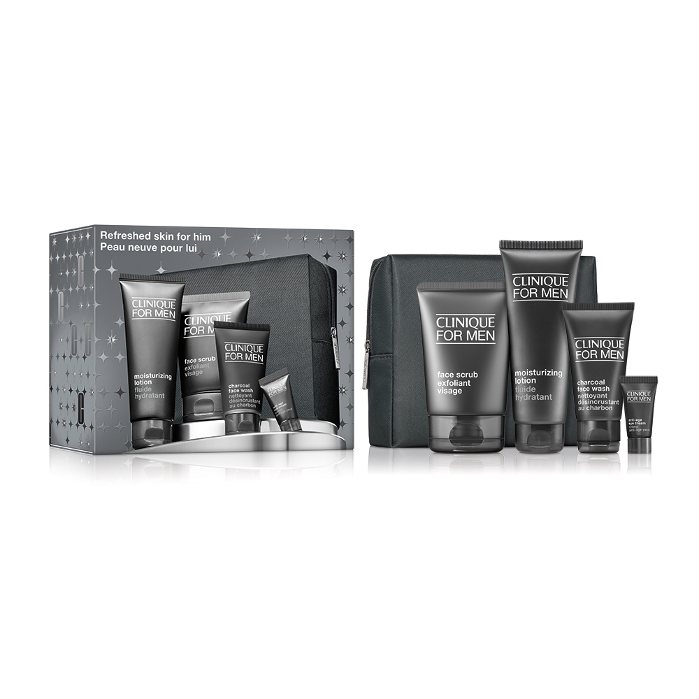 28226741757656813 Clinique For Men Refreshed Skin for Him zestaw peeling do twarzy 100ml + balsam nawilżający 100ml + żel do mycia twarzy 50ml + krem pod oczy 7ml + kosmetyczka - obrazek 1
