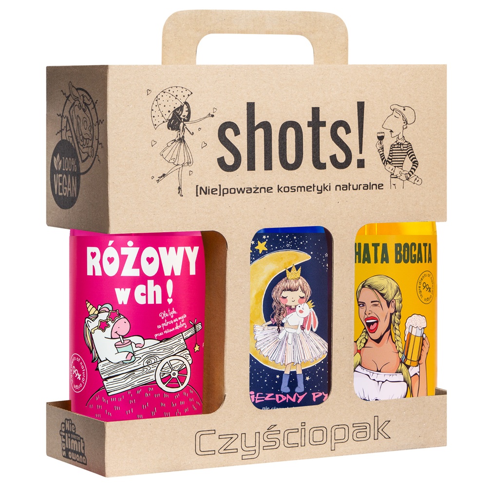 28426301754048813 Shots! Czyściopak zestaw Gwiezdny Pył żel pod prysznic 500ml + Czym Chata Bogata żel pod prysznic 500ml + Różowy w Ch! żel pod prysznic 500ml - obrazek 1