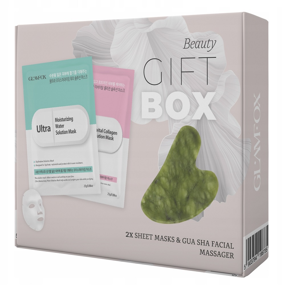 29474291702275581 Beauty Gift Box zestaw nawilżająco-kojąca maska w płachcie 25ml + rewitalizująca maska w płachcie 25ml + kamień gua sha - obrazek 1