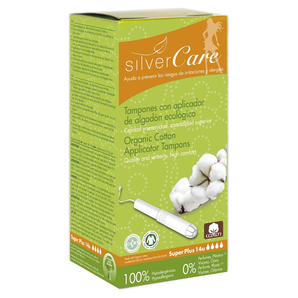 30711101683002727 Silver Care tampony z aplikatorem z bawełny organicznej Super Plus 14szt - obrazek 1