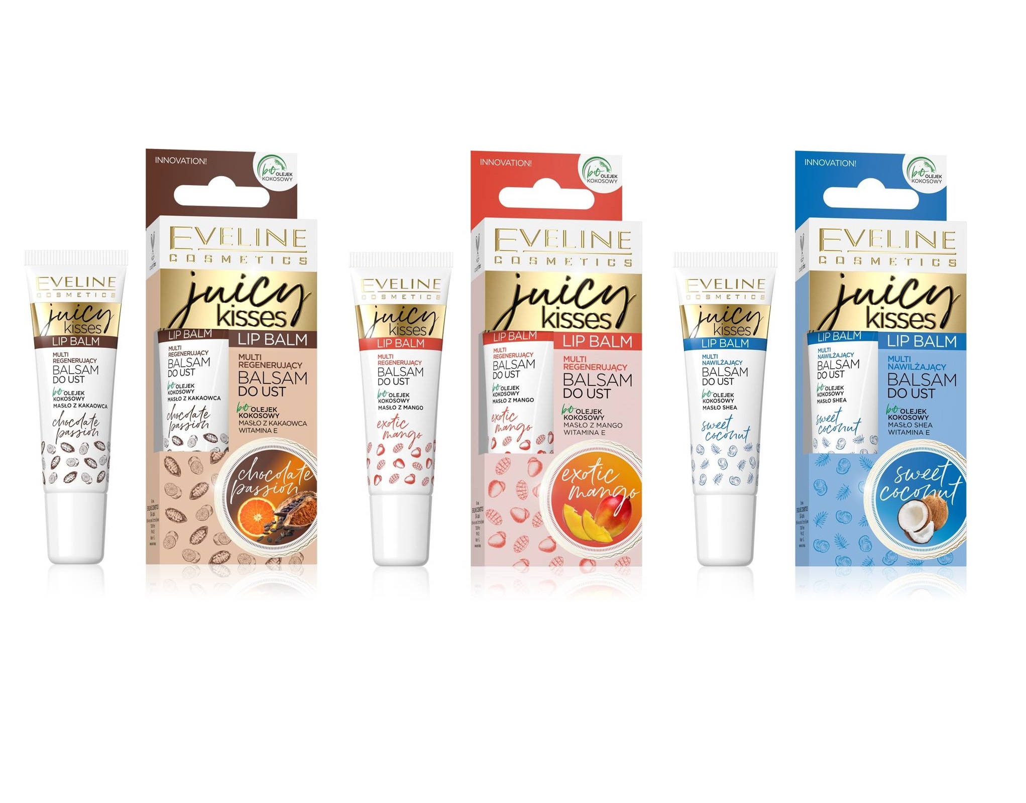31370741608193736 Juicy Kisses Lip Balm zestaw regenerujący balsam do ust Exotic Mango 6x12ml + nawilżający balsam do ust Sweet Coconut 6x12ml + regenerujący balsam do ust Chocolate Pasion 6x12ml - obrazek 1
