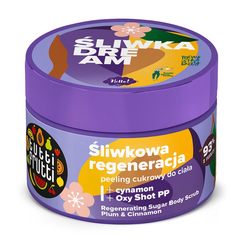 33561261692192996 Tutti Frutti regenerujący peeling cukrowy do ciała Śliwka i Cynamon + Oxy Shot PP 300g - obrazek 1