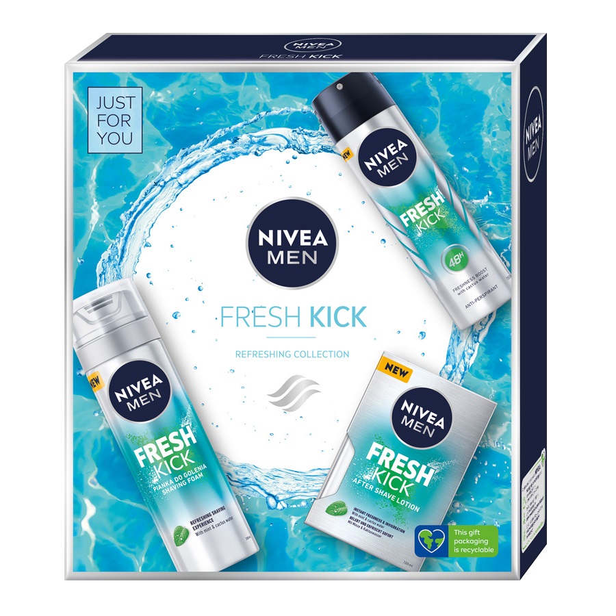 35923981666093546 Men Fresh Kick zestaw pianka do golenia 200ml + antyperspirant w sprayu 150ml + odświeżająca woda po goleniu 100ml - obrazek 1
