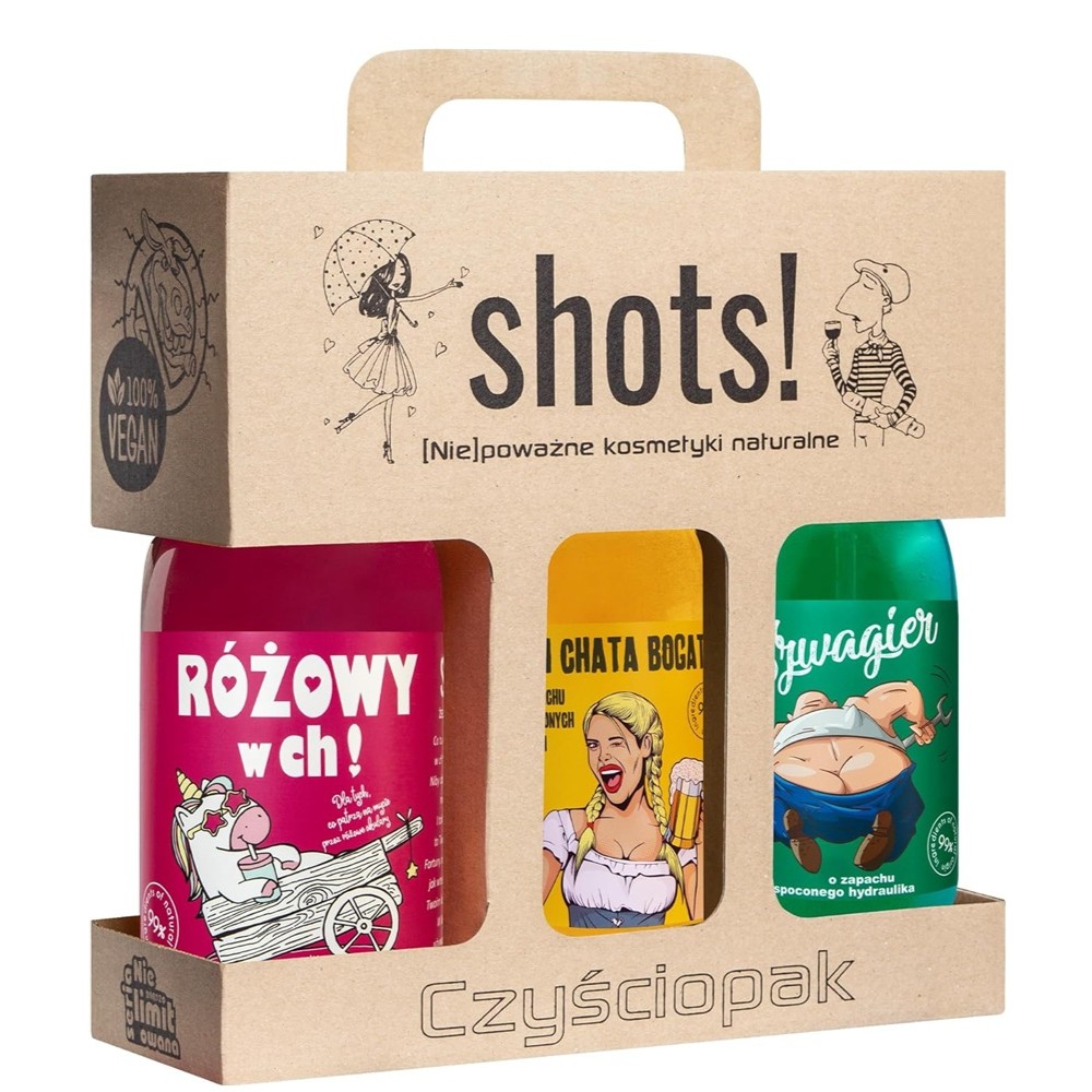 37256231753774223 Shots! Czyściopak zestaw Różowy w Ch! żel pod prysznic 500ml + Czym Chata Bogata żel pod prysznic 500ml + Szwagier żel pod prysznic 500ml - obrazek 1