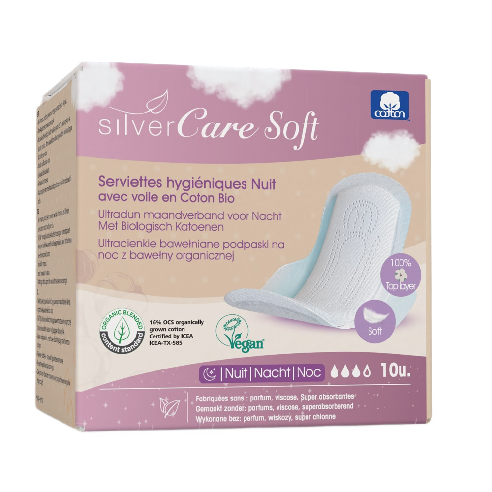 38950861720707100 SilverCare Soft ultracienkie bawełniane podpaski na noc ze skrzydełkami 10szt. - obrazek 1
