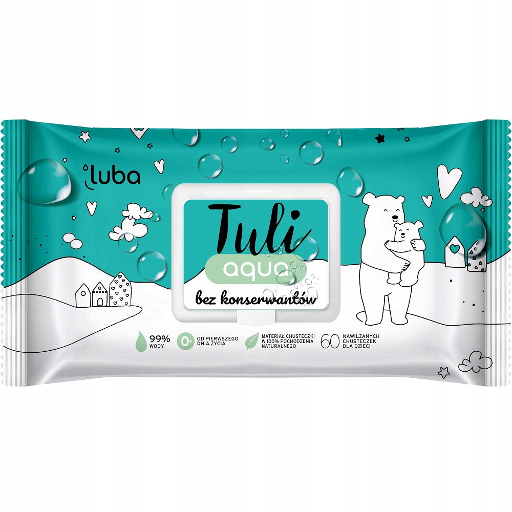 40904681708343507 Tuli Aqua nawilżane chusteczki dla dzieci bez konserwantów 60szt - obrazek 1