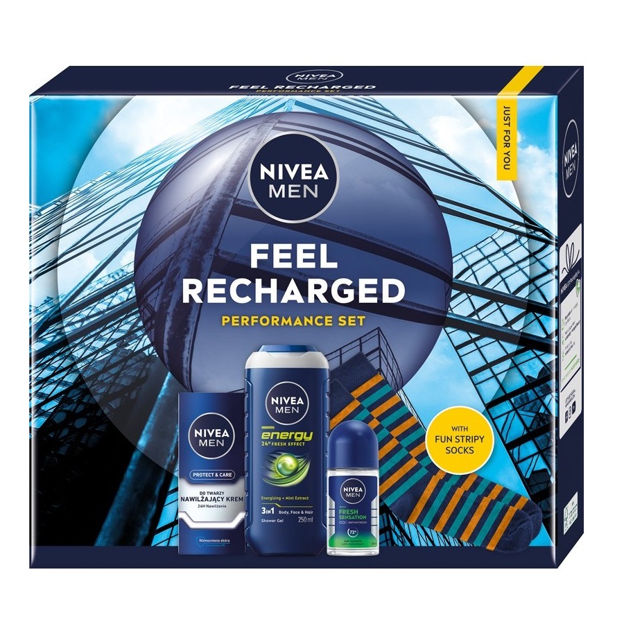41106771761313052 Men Feel Recharged zestaw nawilżający krem do twarzy 75ml + żel pod prysznic 3w1 250ml + antyperspirant roll-on 50ml - obrazek 1
