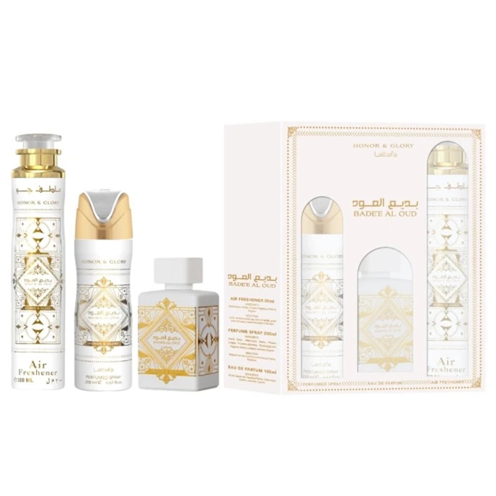 43109401753272540 Bade'e Al Oud Honor & Glory zestaw woda perfumowana spray 100ml + dezodorant spray 200ml + odświeżacz powietrza 300ml - obrazek 1