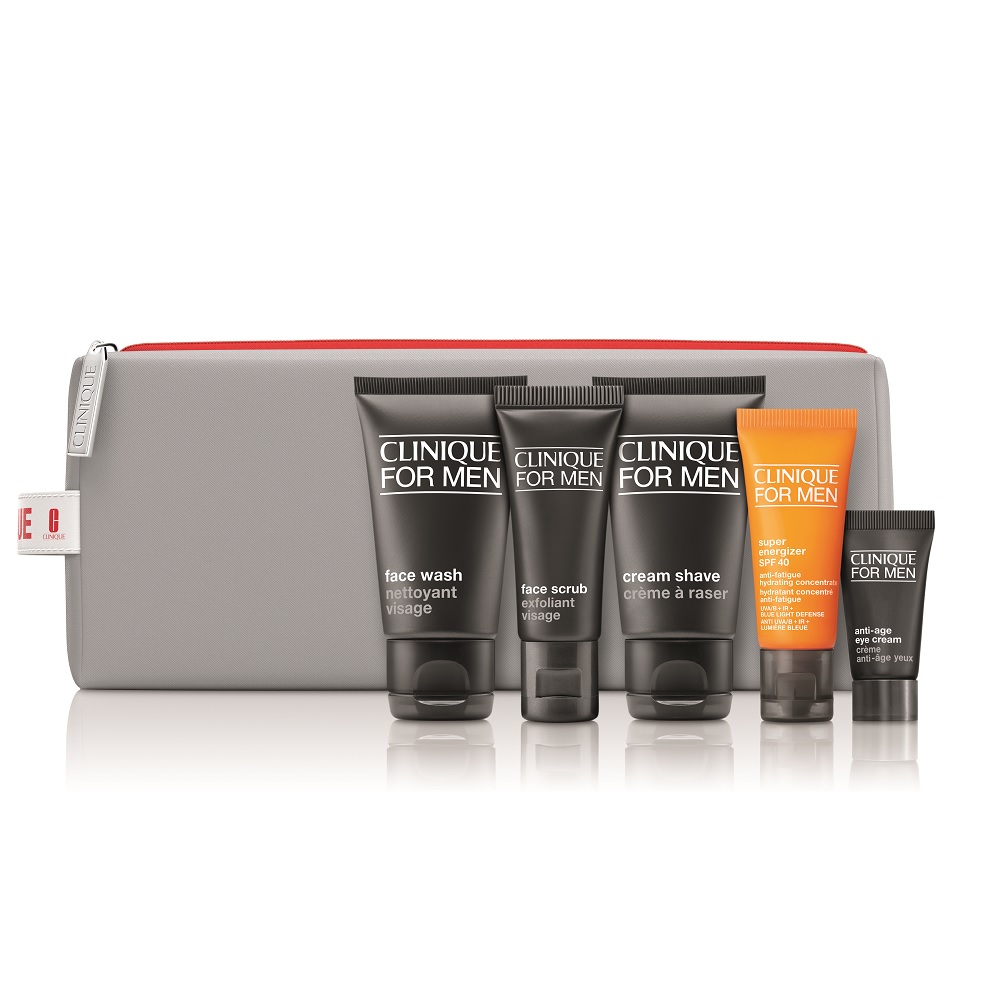 43967411695028365 For Men zestaw żel do mycia twarzy 30ml + peeling do twarzy 15ml + krem do golenia 30ml + nawilżający koncentrat 15ml + krem pod oczy 7ml + kosmetyczka - obrazek 1