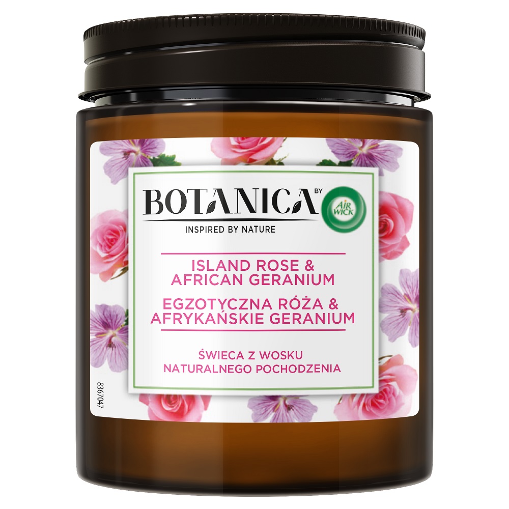 45577161618546088 Botanica świeca z wosku naturalnego pochodzenia Egzotyczna Róża & Afrykańskie Geranium 205g - obrazek 1