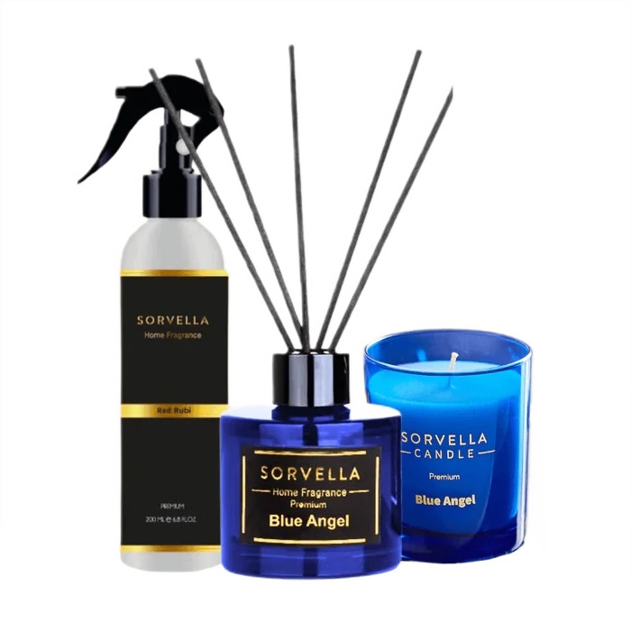 47321941730379445 Blue Angel zestaw dyfuzor zapachowy 120ml + zapach do wnętrz 200ml + świeca zapachowa 170g - obrazek 1