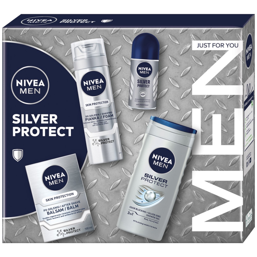 Created with GIMP Men Silver Protect Collection zestaw pianka do golenia 200ml + balsam po goleniu 100ml + antyperspirant roll-on 50ml + żel pod prysznic 3w1 250ml - obrazek 1