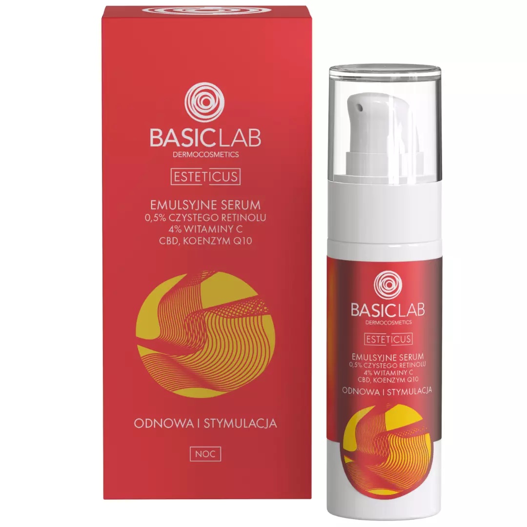 55848491709902184 Esteticus emulsyjne serum z 0.5% czystego retinolu 4% witaminy C CBD i koenzymem Q10 Odnowa i Stymulacja 30ml - obrazek 1