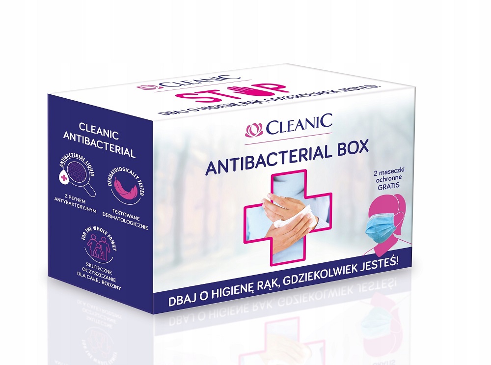 58285831616731512 Antibacterial Box zestaw chusteczki 3 opakowania + odświeżający żel do rąk 50ml + jednorazowe maseczki ochronne 2szt - obrazek 1