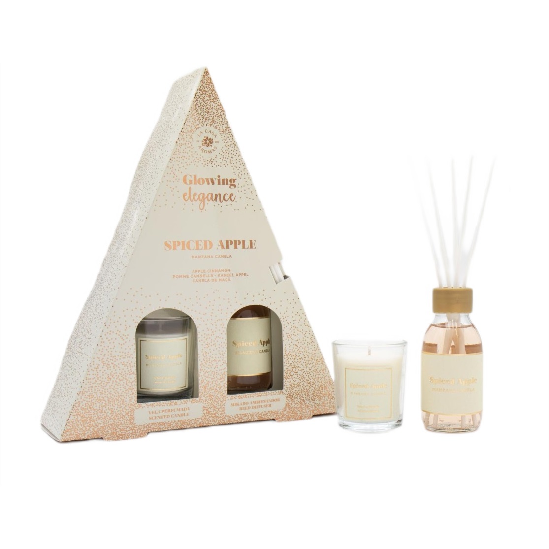 60389321730314975 Glowing Elegance zestaw patyczki zapachowe Jabłko i Cynamon 95ml + świeca zapachowa Jabłko i Cynamon 120g - obrazek 1