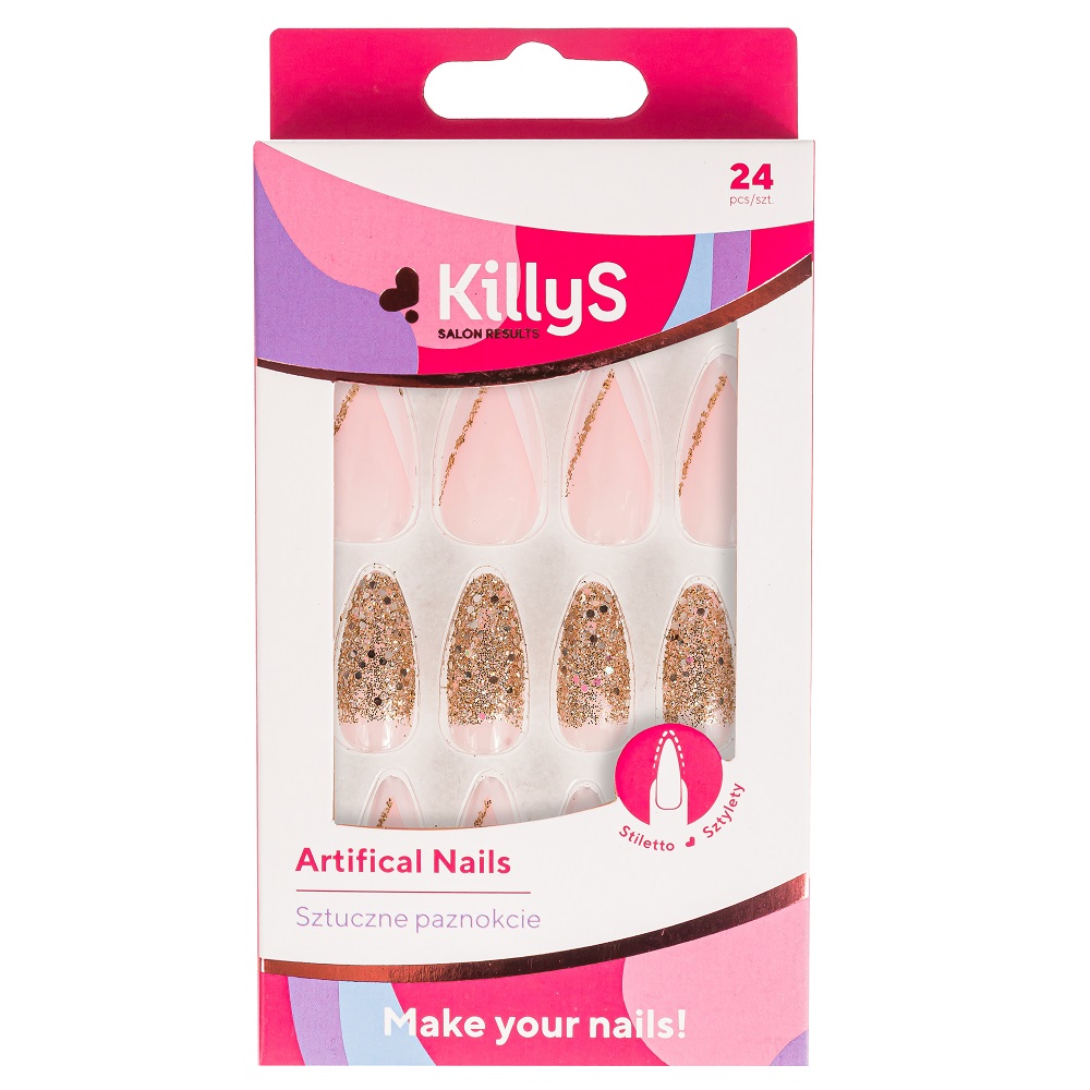 63619691714457522 Artifical Nails sztuczne paznokcie Stiletto Golden Glitter French 24szt - obrazek 1