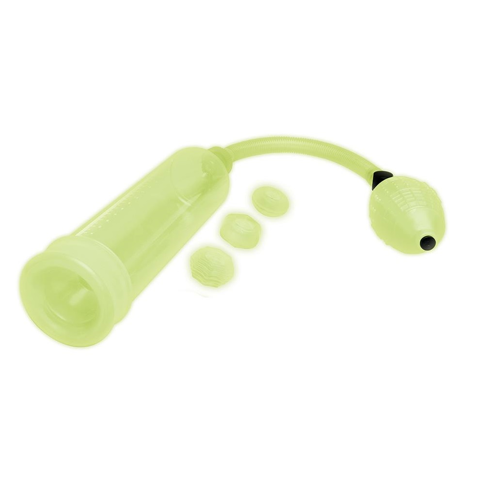 66211101707803639 Glow In The Dark Penis Pump & Stamina Ring pompka do penisa i zestaw pierścieni White - obrazek 1