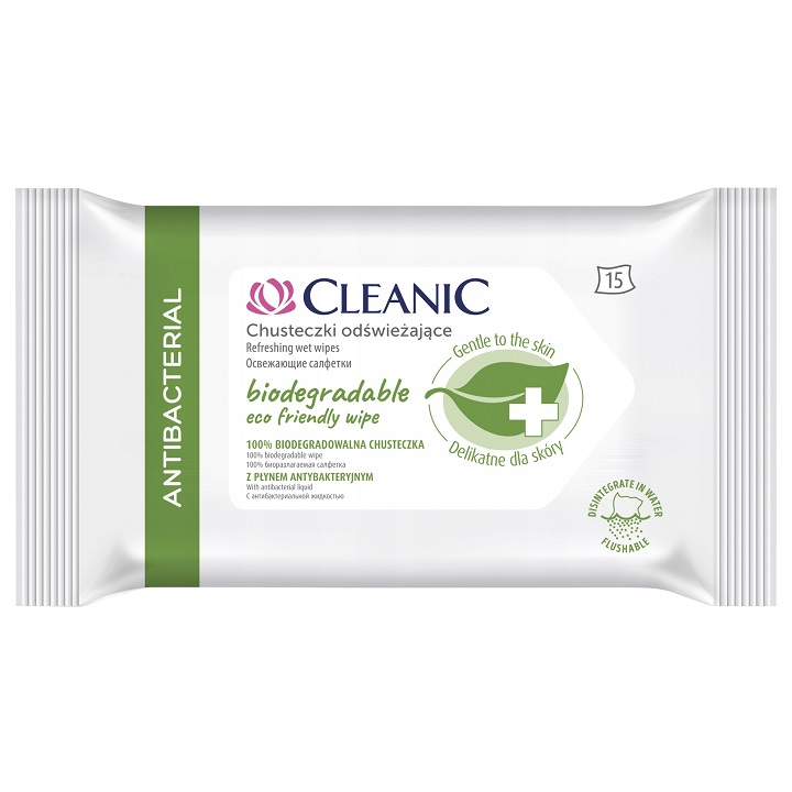 66647531600665271 Antibacterial biodegradowalne chusteczki odświeżające z płynem antybakteryjnym 15szt. - obrazek 1