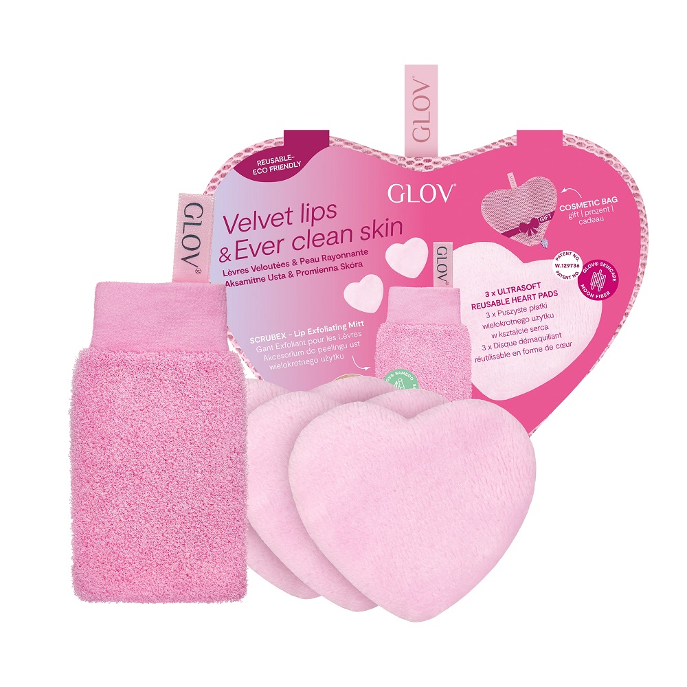 67673191706712564 Velvet Lips & Ever Clear Skin zestaw rękawica do peelingu ust + wielorazowe płatki kosmetyczne w kształcie serca - obrazek 1