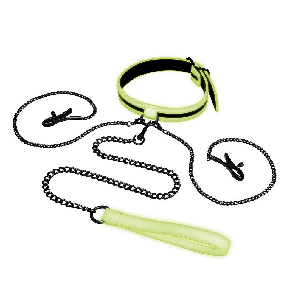 69581141707813252 Glow In The Dark Collar With Nipple Clips And Leash świecąca w ciemności obroża z klipsami na sutki i smyczą Black - obrazek 1