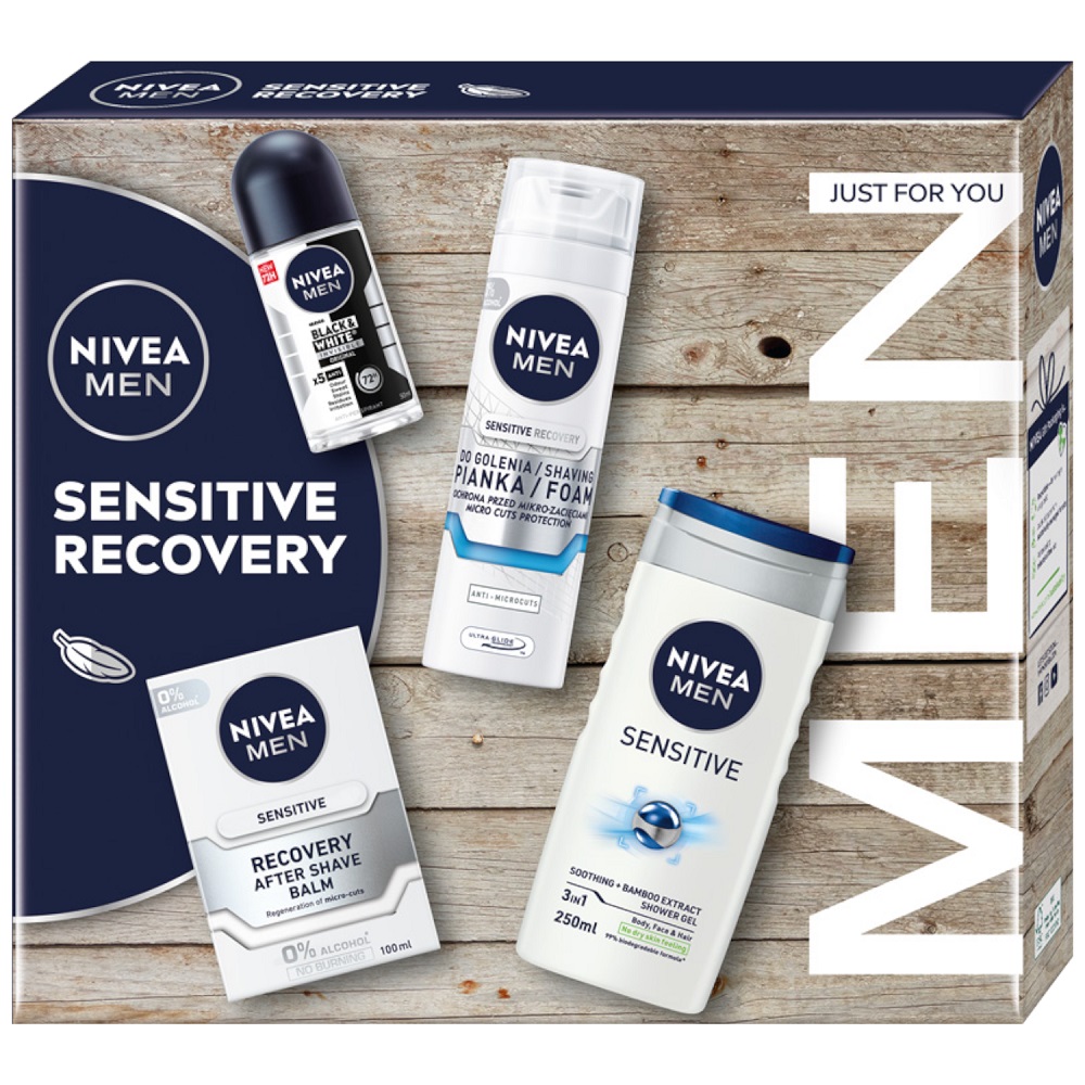 Created with GIMP Men Sensitive Recovery Collection zestaw żel pod prysznic 3w1 250ml + antyperspirant roll-on 50ml + balsam po goleniu 100ml + pianka do golenia 200ml - obrazek 1