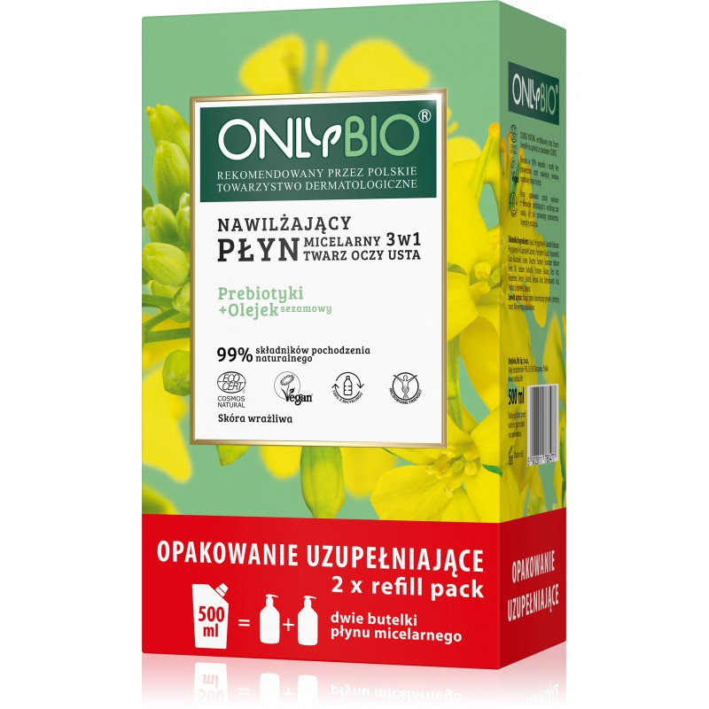 75134381611294029 Nawilżający płyn micelarny 3w1 Priebiotyki i Olejek Sezamowy 250mlx2 + Refill 500ml - obrazek 1