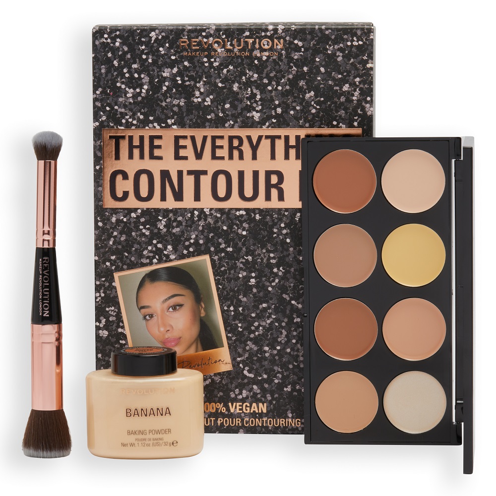 77285741667813902 The Everything Contour Kit zestaw Baking Powder puder sypki Banana 32g + Ultra Cream Contour Palette paletka rozświetlaczy i bronzerów 13g + Double Ended Contour Brush dwustronny pędzel do konturowania - obrazek 1