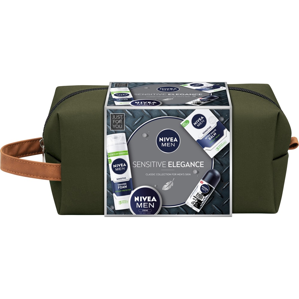 77463061664796696 Men Sensitive Elegance zestaw łagodząca pianka do golenia 200ml + łagodzący balsam po goleniu 100ml + krem uniwersalny 75ml + antyperspirant roll-on 50ml + kosmetyczka - obrazek 1