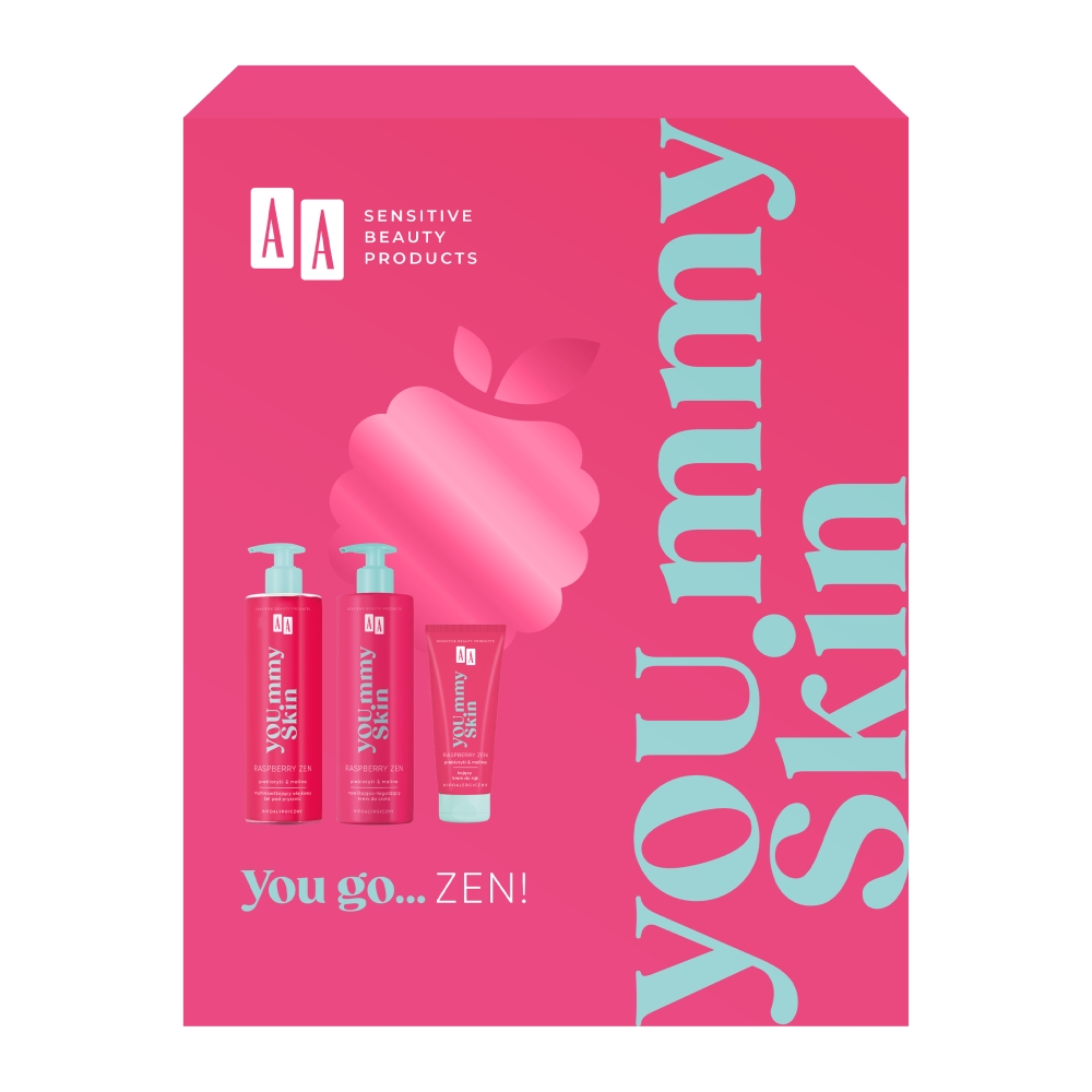 77496641697800340 You.mmy Skin Raspberry Zen zestaw multinawilżający olejkowy żel pod prysznic 400ml + nawilżająco-łagodzący krem do ciała 400ml + odżywczy krem do rąk 75ml - obrazek 1