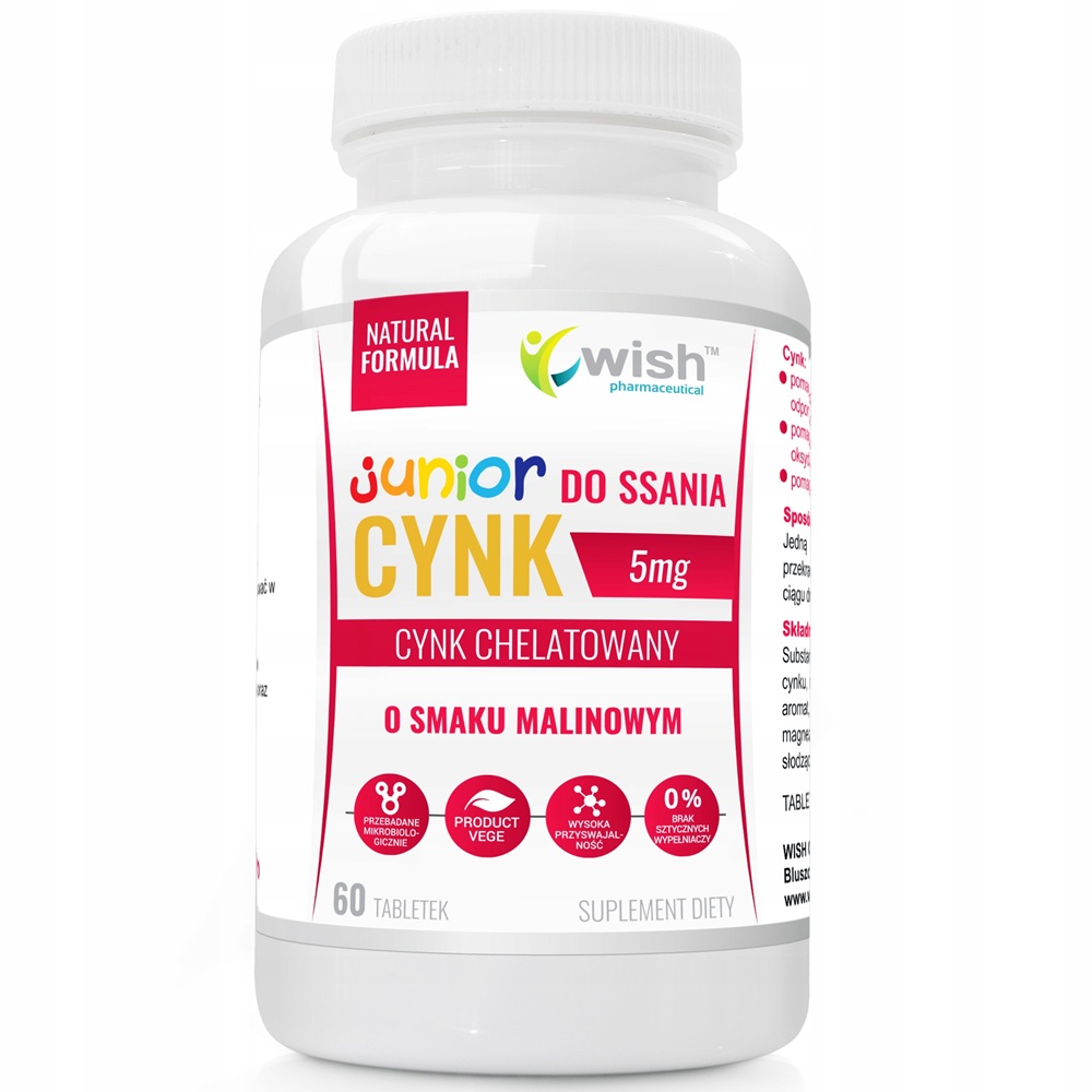 80148811748246440 Junior Cynk 5mg suplement diety o smaku malinowym 60 tabletek do ssania - obrazek 1