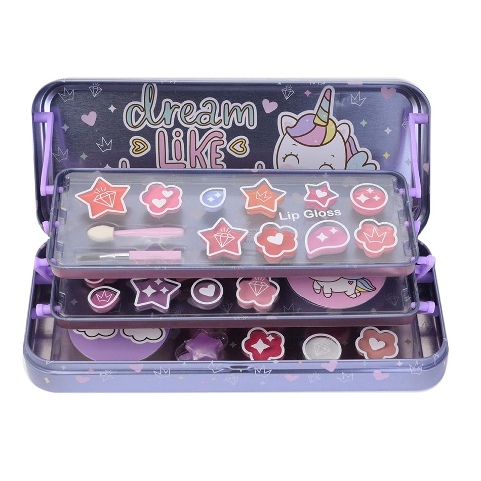 80521001735817326 Unicorn Makeup Case Triple Layer Beauty Tin zestaw kosmetyków do makijażu dla dzieci - obrazek 1