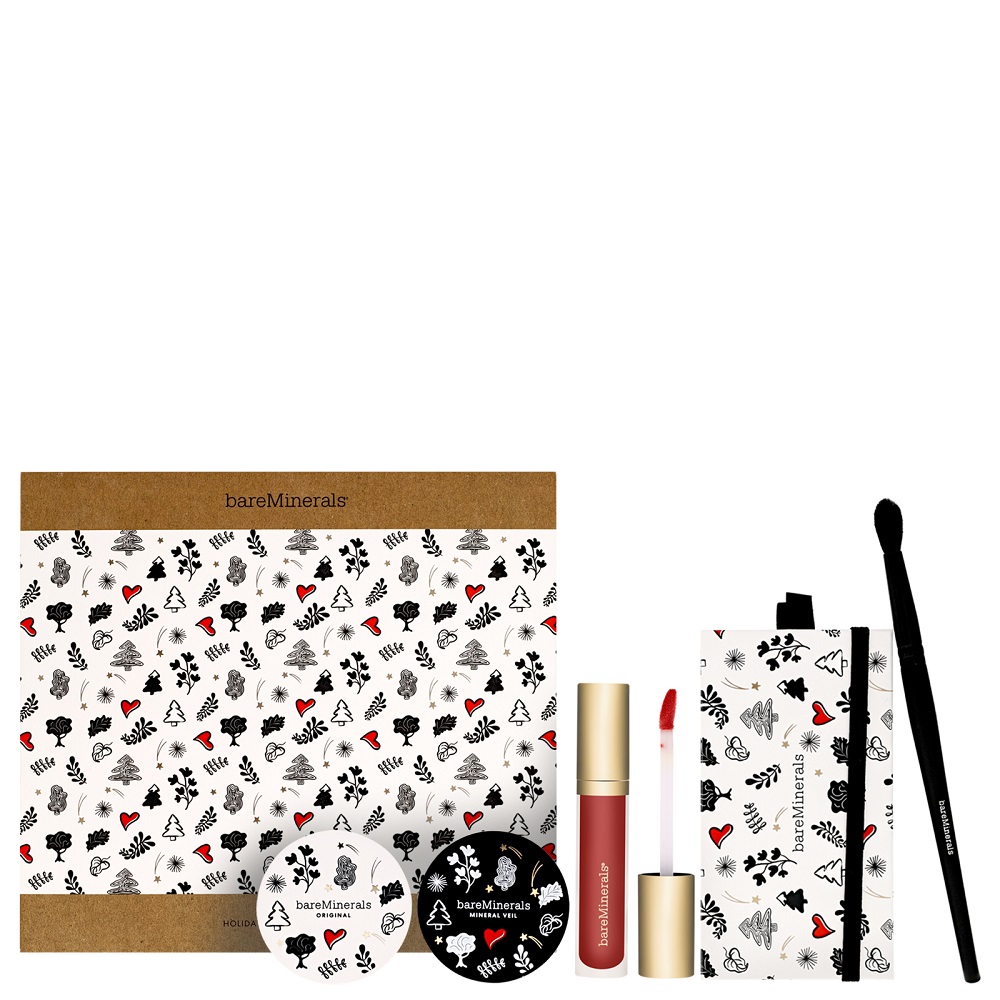 80904351662954963 Holiday Clean Makeup zestaw Original Loose Mineral Foundation 8g + Mineral Veil Finishing Powder 9g + Cheek and Eye Palette 7g + Gen Nude Creamier Lipgloss 4ml + Multi-Functional Eye Brush - obrazek 1