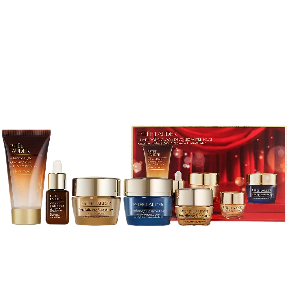 80938861730091167 Unveil Your Glow zestaw żel oczyszczający do twarzy na noc 30ml + serum naprawcze 7ml + krem rewitalizujący 15ml + krem rewitalizujący na noc 15ml + krem pod oczy 5ml - obrazek 1