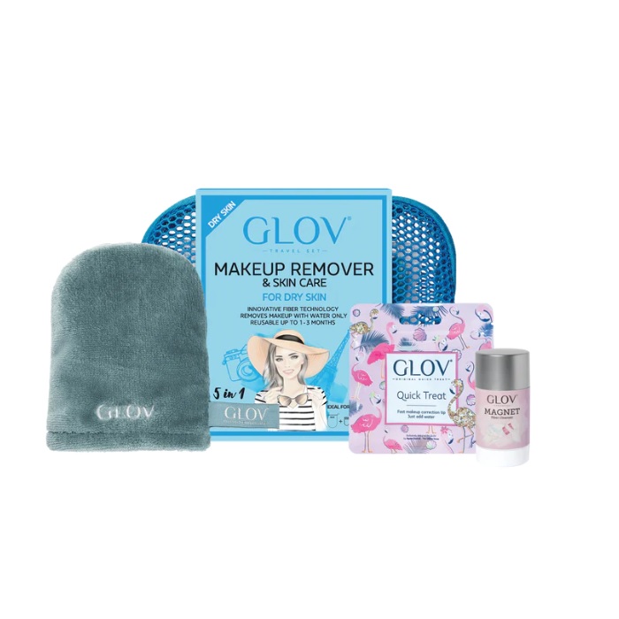 82050161675686573 Travel Set Dry Skin podróżny zestaw On-The-Go rękawica do oczyszczania cery suchej + Quick Treat do korekt makijażu + Magnet Cleanser do czyszczenia rękawic i pędzli + kosmetyczka - obrazek 1