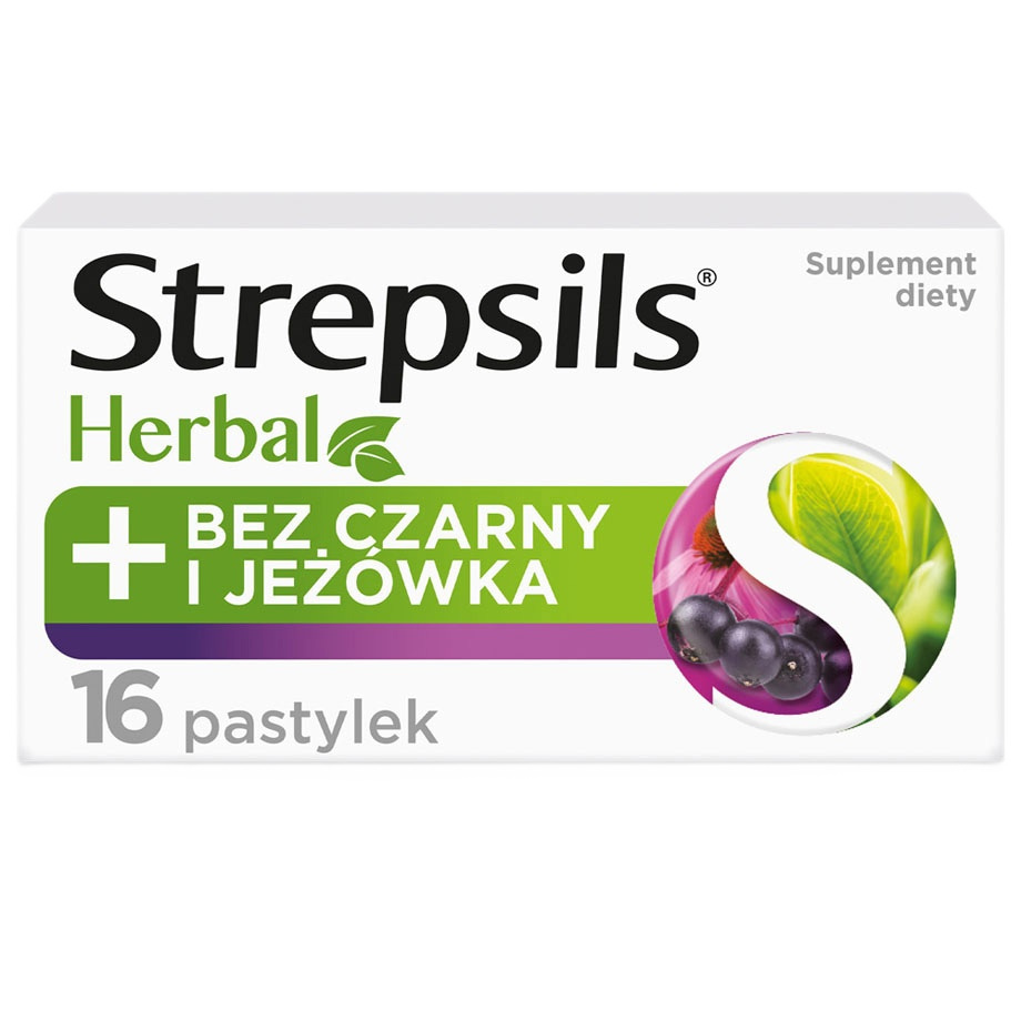 82742731757864235 Herbal pastylki do ssania łagodzące podrażnione gardło i struny głosowe suplement diety Bez Czarny i Jeżówka 16szt. - obrazek 1