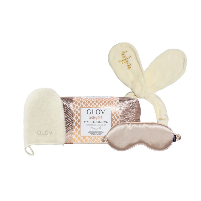 84410411675758431 Wifey zestaw On-The-Go rękawica do demakijażu + Bunny Ears opaska do włosów + Satin Sleeping Mask maska do spania + kosmetyczka - obrazek 1
