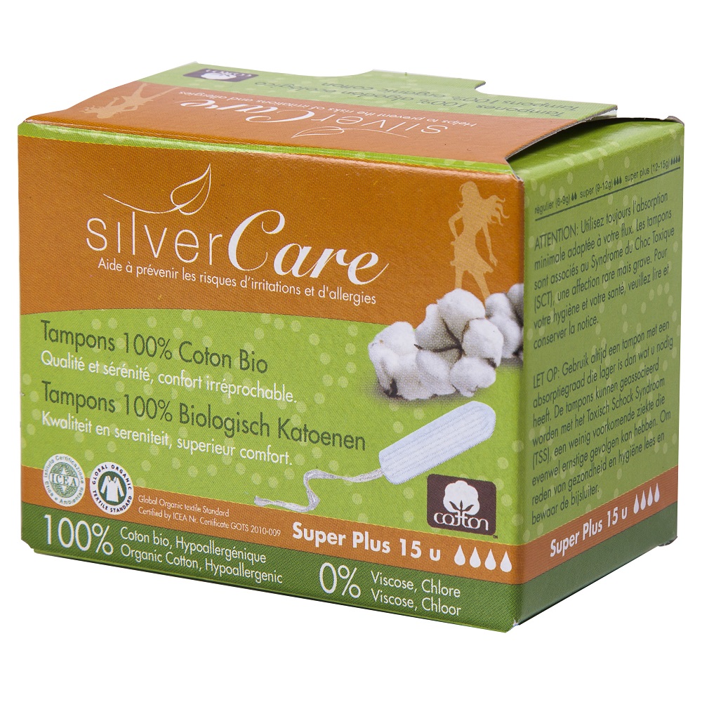 85707091683001963 Silver Care tampony bez aplikatora z bawełny organicznej Super Plus 15szt - obrazek 1