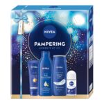 Pampering zestaw pielęgnujący żel pod prysznic 250ml + odżywcze mleczko do ciała 250ml + intensywnie nawilżający krem do rąk 100ml + antyperspirant w kulce 50ml