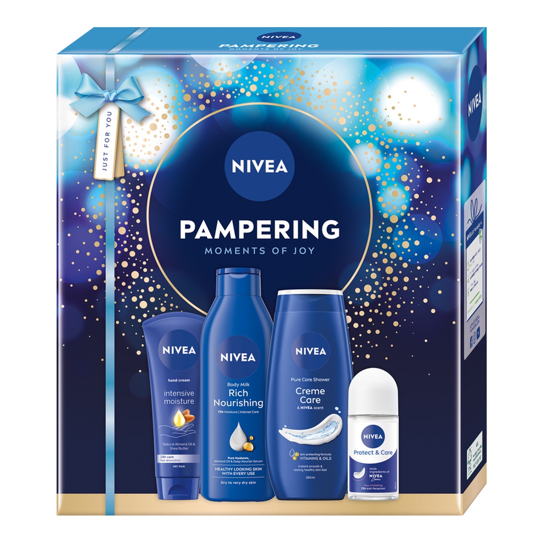 86571951761298014 Pampering zestaw pielęgnujący żel pod prysznic 250ml + odżywcze mleczko do ciała 250ml + intensywnie nawilżający krem do rąk 100ml + antyperspirant w kulce 50ml - obrazek 1