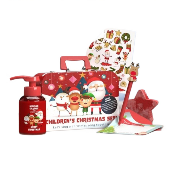 86875431763723688 Children's Christmas Set grające mydełko 200ml + świąteczna skarpeta na prezenty 1szt + naklejki świąteczne 1szt + długopis 1szt + papeteria do Świętego Mikołaja 1szt + kula do kąpieli gwiazda 1szt + metalowa walizka - obrazek 1